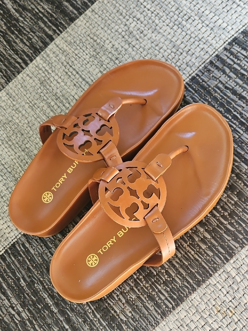 Tory Burch Tan Leather Logo Thong Sandals